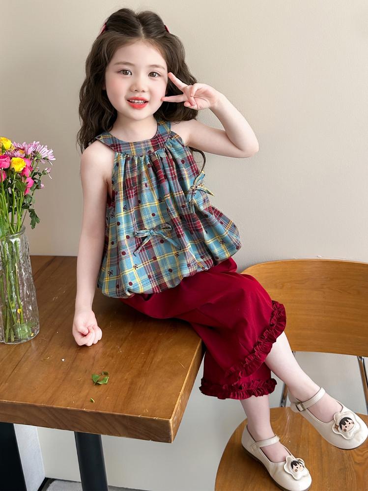 Girls' Summer Plaid Polka Dot Suspender Outfit - Sleeveless Ruffled Top & Wide-Leg Pants, Two-Piece Set for Kids