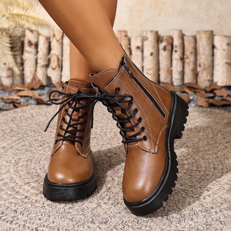 Round Toe Heightened Booties Fall/Winter New Lace-Up Zip Soft Sole Non-Slip Retro Single Boots