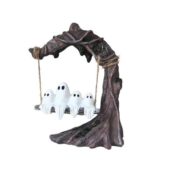 Vintage Tree Swing Ghost Statue On Halloween Decor, Resin Spooky Figurine with Cute And Desktop Decoration Base, Festive Party Tabletop Ornament,