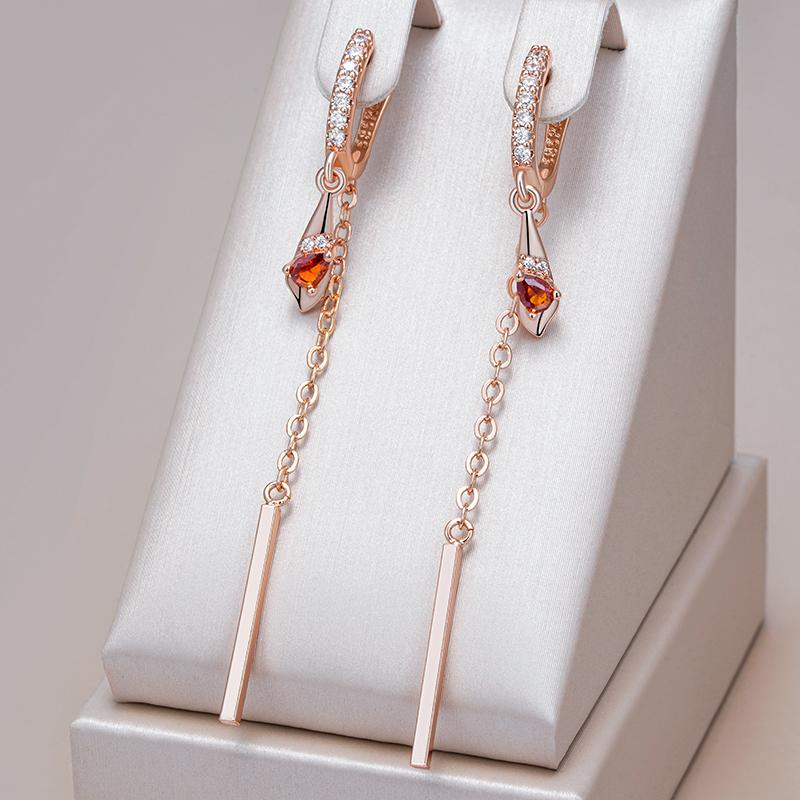 Trend Long Tassel Dangle Earrings For Women Fashion  Rose Gold Color With Red Natural Zircon Fine Daily Jewelry