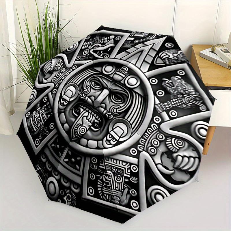 1pc Aztec Calendar Stone Automatic Open/close Umbrella, 8-Rib Sturdy Structure, Portable Travel Umbrella, Parties, Everyday Use, Outdoor Acc