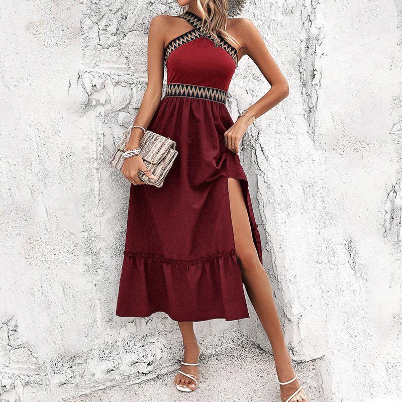 

Cross-Border Foreign Trade Women clothes Spring Summer Elegant High Waist Elegant Waist Hugging Hanging Neck Contrast Color Split Full Body Dress Red L