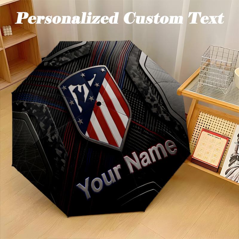 8 Rib Auto Folding Umbrella Atletico Madrid Print Custom Name Text Portable Rain Gear