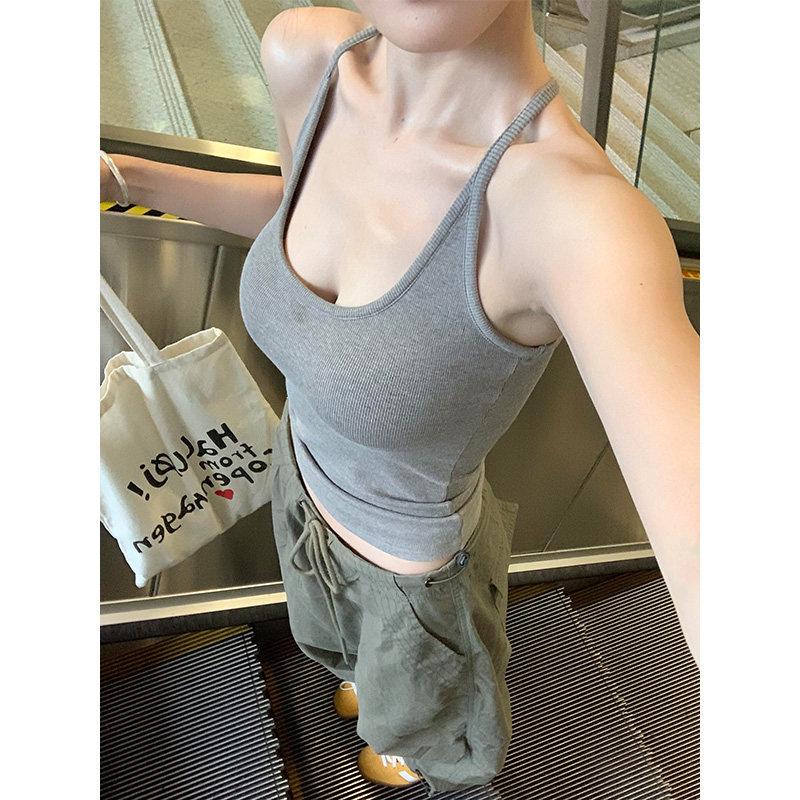 

Women s Gray Halter Camisole: Summer Anti-Exposure, Underarm Coverage, Chest Padded, Inner or Outer Wear, Beautiful Back Design Large сірий колір