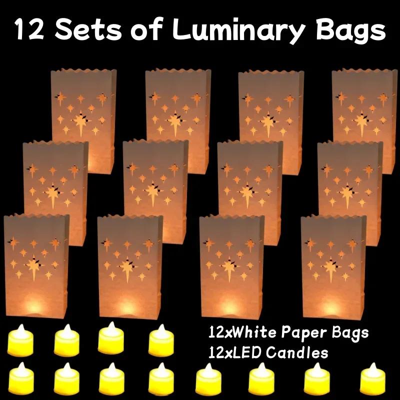 

12-48 Sets Luminary Paper Bags with LED Candles Flame Resistant Candle Bag for Wedding Bridal Birthday Party Pathway Decor