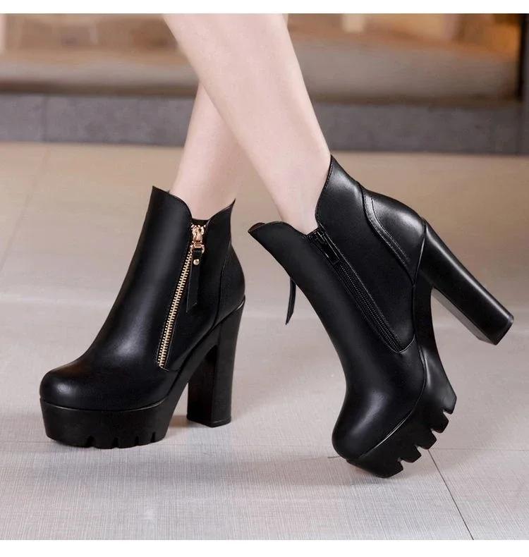 13cm Small Size 32-43 British Style Block High Heels Boots Platform Shoes 2025 Winter Thick Bottom Plush Ankle Boots Model Mom