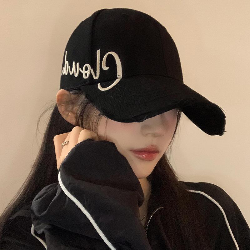 Letter embroidery black baseball cap women's summer wide brim hard top cap big head circumference showing face small hat