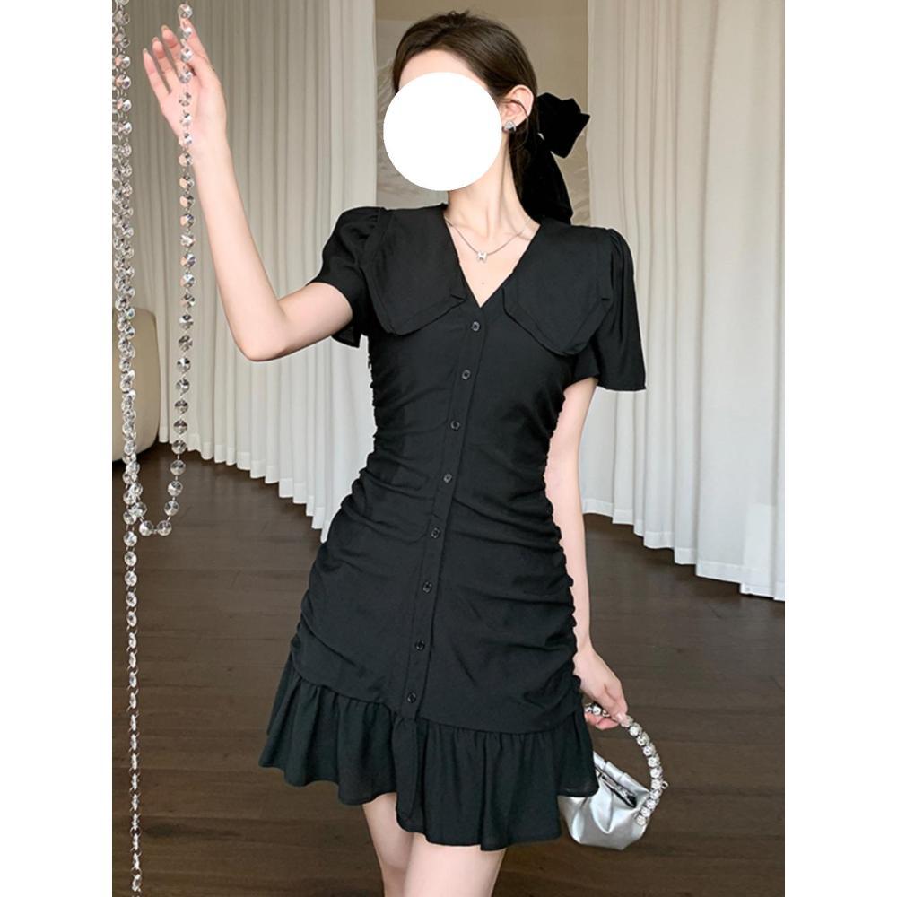 Summer black waist small V-neck dress women's slim mermaid hip short skirt