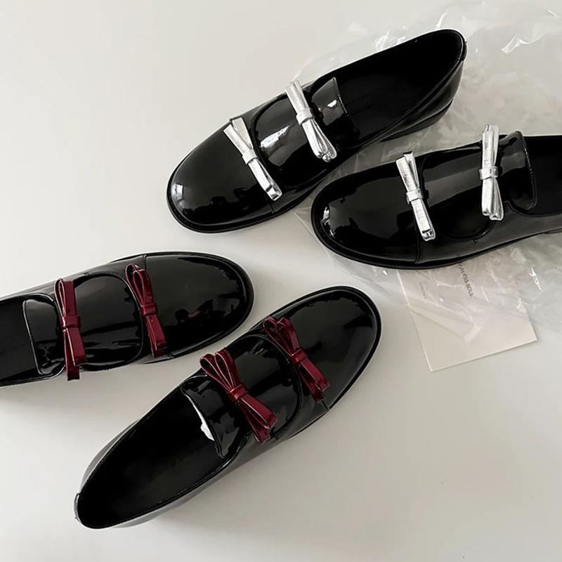 Cowhide Version~ Round Head Retro Bow Small Leather Shoes Low Heel Loafers One Pedal Simple Mary Jane Single Shoes Women