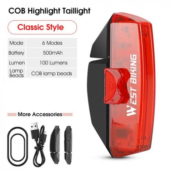 WEST BIKING Smart Brake Sensing Taillight USB Charging Cycling Bike Rear Light Classic Style