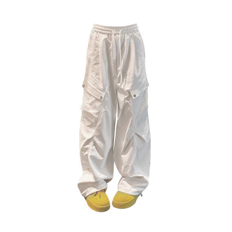 

American Retro White Drawstring Ruffle Multi-Pocket Cargo Pants Women s Summer Easiest for Match Loose Slim Looking Wide-Leg Casual Pants White Trousers [High Quality] S
