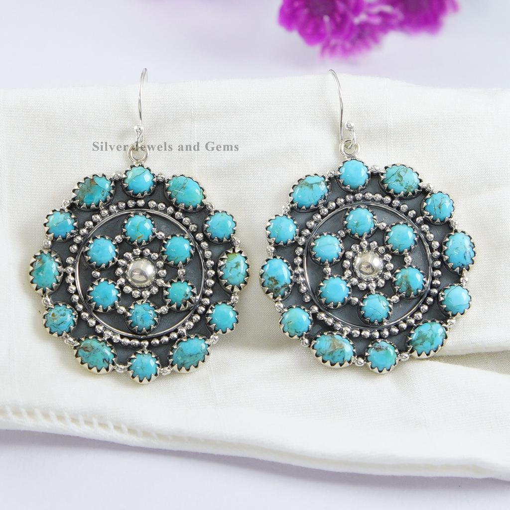 Arizona Turquoise Earrings: Sterling Silver Round Cluster, Handmade Earring