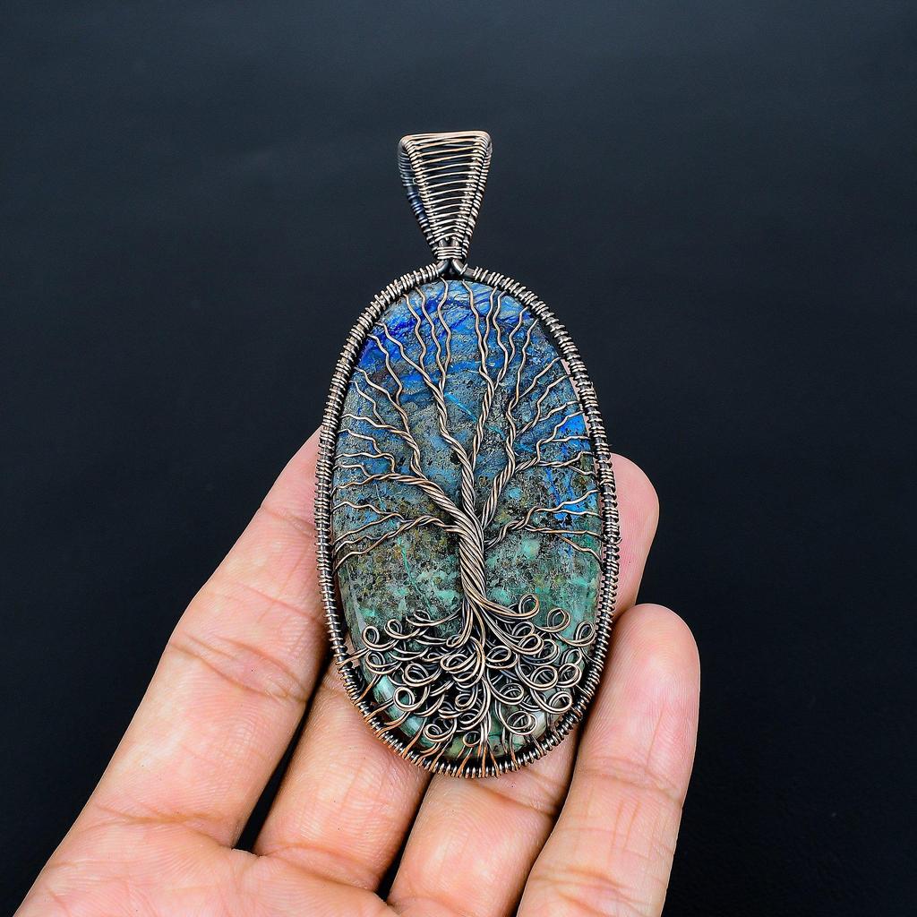Tree Of Life Azurite Malachite Pendant, Handmade Gemstone 999 Copper Wire Wrap Pendant Antique Jewelry, For Gift Copper Jewelry