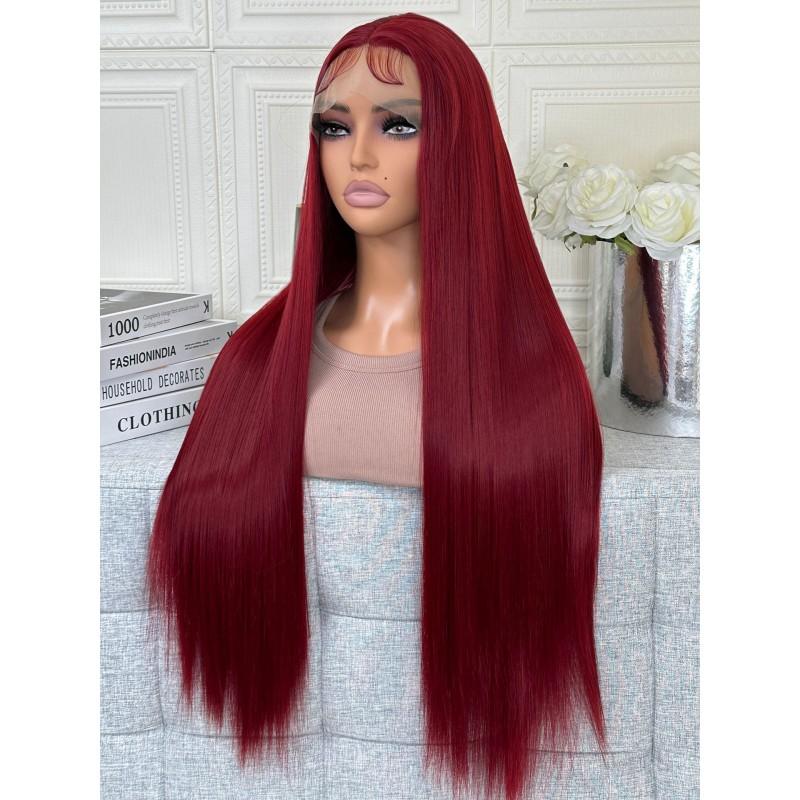 Wine Red Lace Front Wig With Trim Long Straight Synthetic Hairpiece Women Heat Resistant Fiber Natural Look