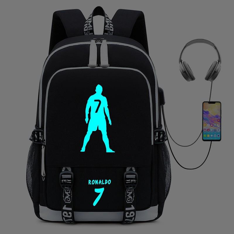 Cristiano Ronaldo Licensed Backpack With USB Charging Port Glow-in-the-Dark Design Lightweight School Outdoor Bag Teens