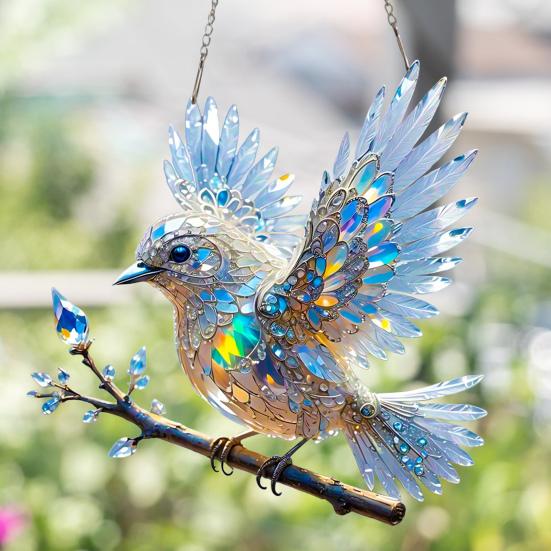 Yousheng Bluebird Hanging Decoration Stained Glass Art Bird Ornament 2D Flat Acrylic Pendant for Window Wall Home Garden Decor