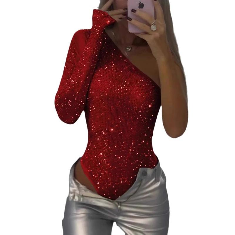 Spring Shiny Diamonds Sequin Bodysuits Sexy Women Hollow Out One Piece Romper Jumpsuit Ladies One-shoulder Tube Top Playsuit