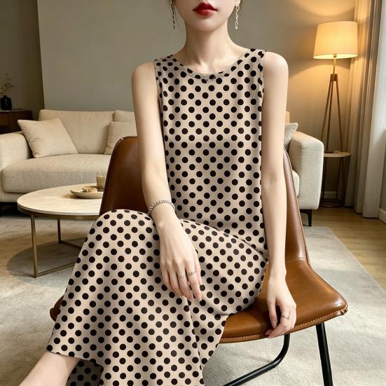Summer Polka Dots Tank Dress for Women Casual Crew Neck Beach Vacation Sundress Loose Sleeveless Midi Dress