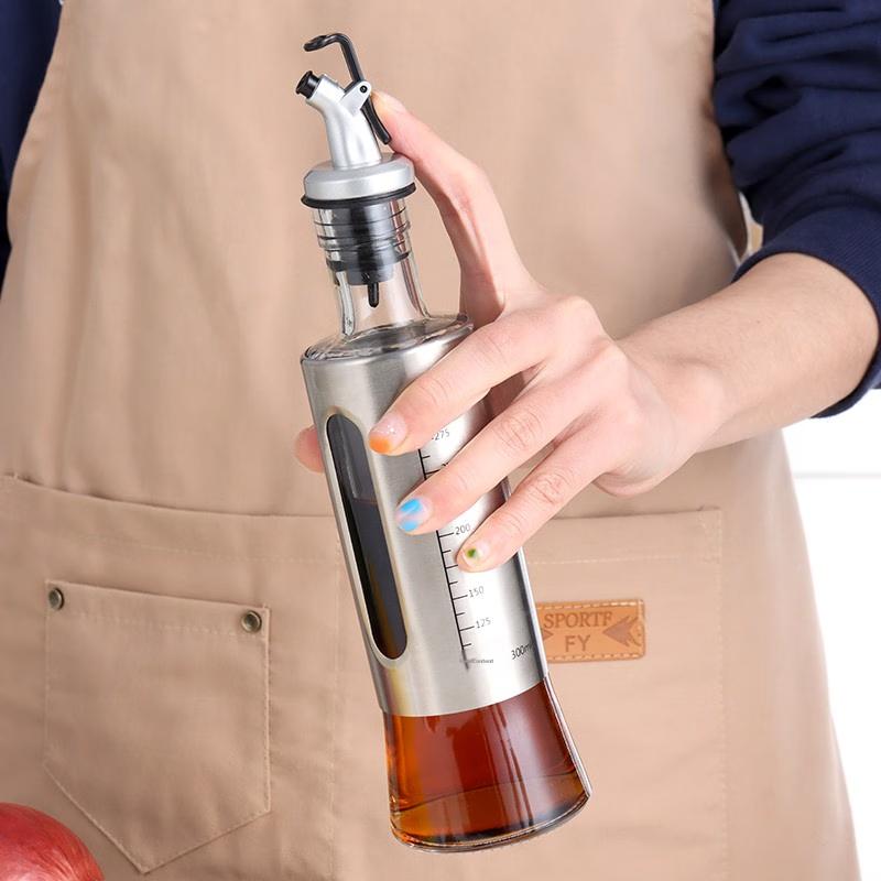 Glass Oil Bottle, Stainless Steel Soy Sauce Bottle, Vinegar Jug, Oil Pourer, Anti-Drip Spout, Non-Stick Oil Bottle, Condiment Container, 300ml*4
