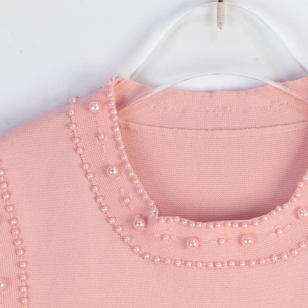 Elegant French Knitted Dress: Sleeveless, Beaded, Hollow-out Design, Slim Fit, Round Neck - Perfect for Spring/Summer