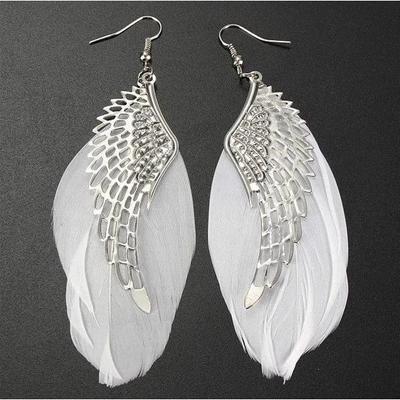 Boucles d'oreilles Ailes d'Ange Plaqué Argent Mode Boucles d'oreilles Pendantes Plume Blanche pour Femmes