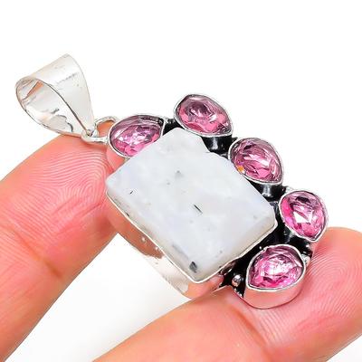Natural Rainbow Moonstone,Rubillite Stone 925 Sterling Silver Pendant 1.97" q7Y68