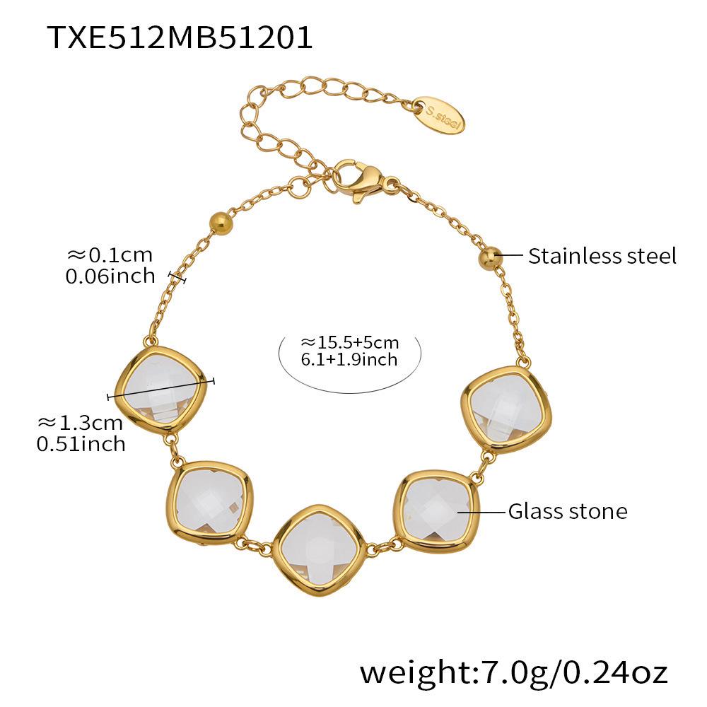 Stylish European & American Stainless Steel Jewelry Set with Square Faceted Glass Stones: Includes Bracelet, Necklace, and Earrings