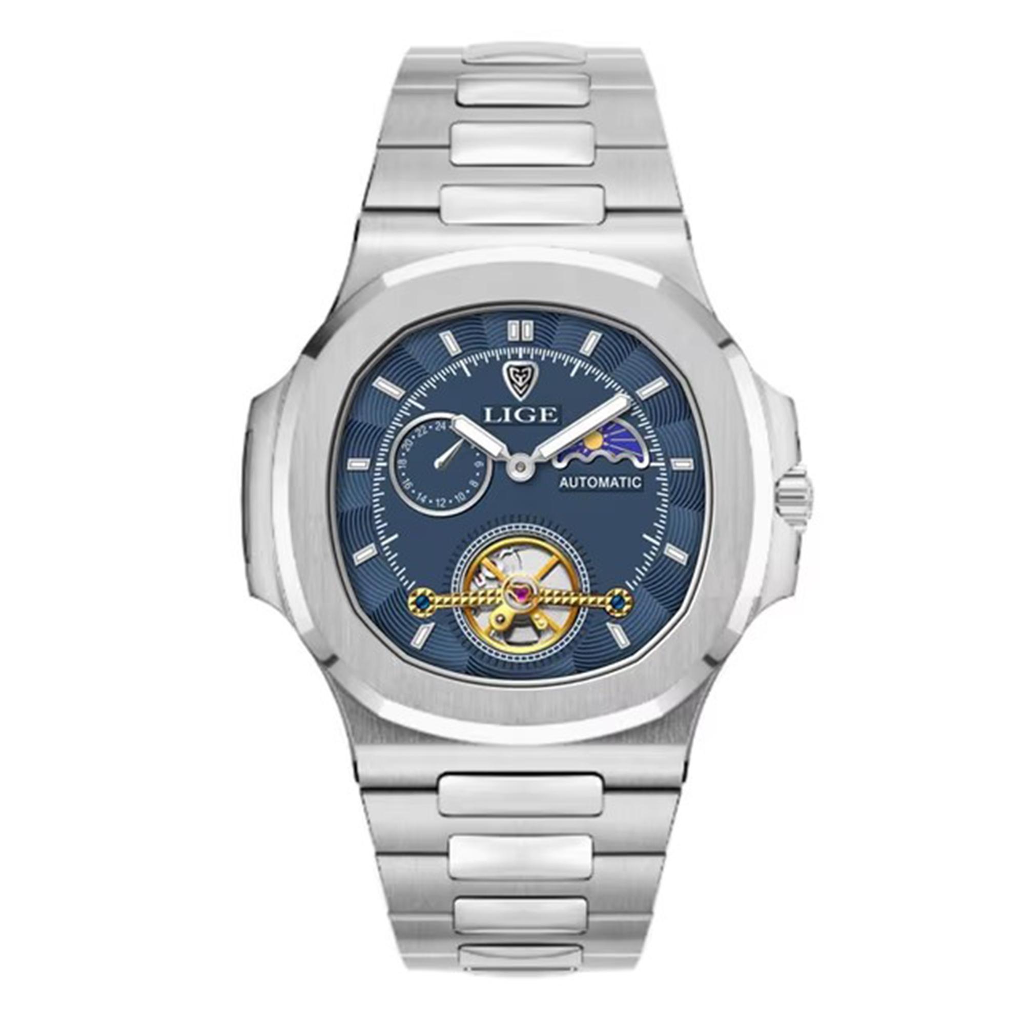 

LIGE Dual Seconds Tourbillon Watch 24 Hour Mechanical Watch Нержавеющая сталь Authentic Men Watch серебряный/синий