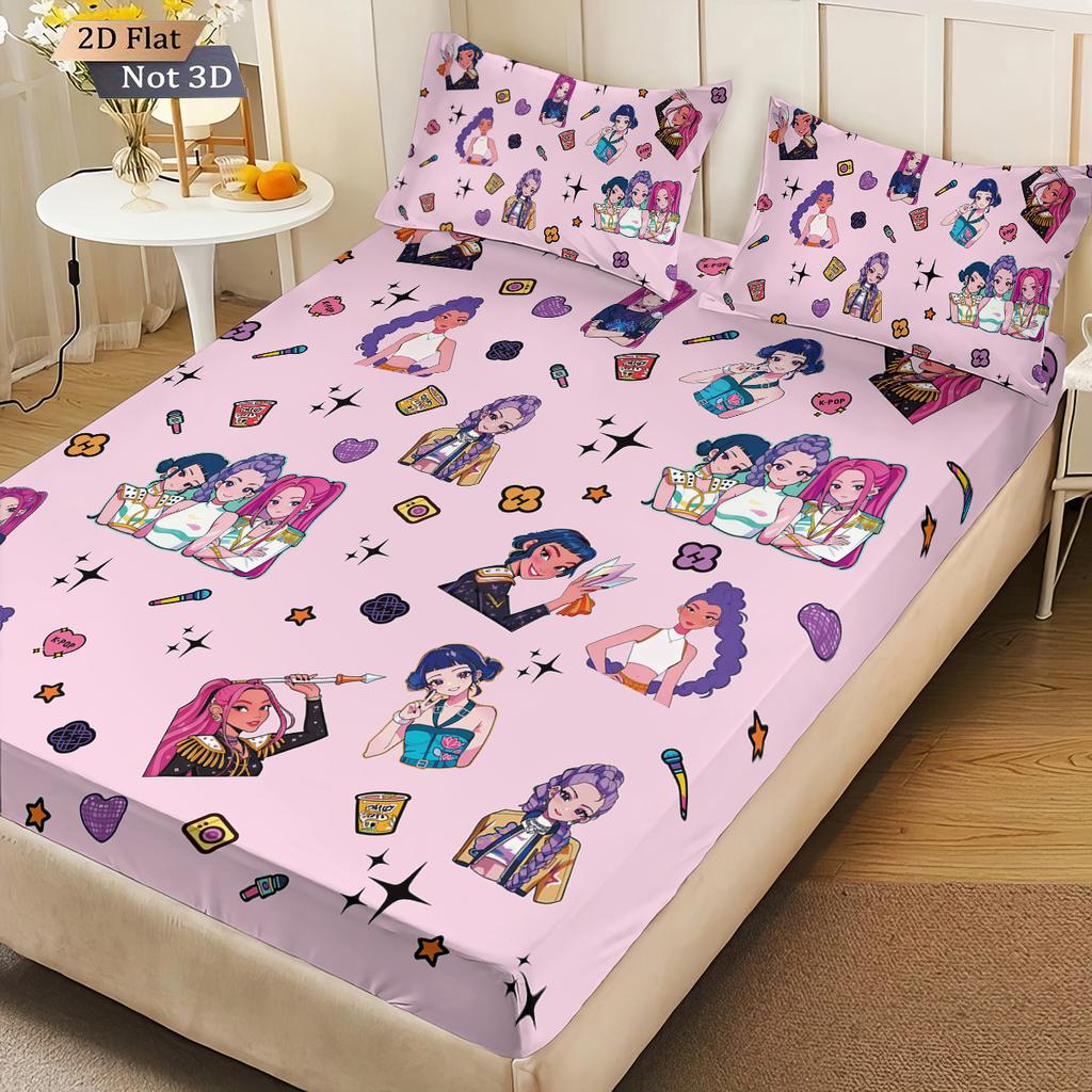 3-teiliges K-Pop Dämonenjäger Druck Spannbettlaken-Set Mehrere Größen Schlafzimmer Wohnheim Bettdecke Dekoration Maschinenwaschbar