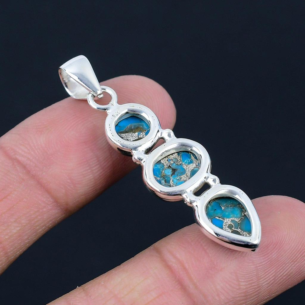 Natürlicher blauer Kupfer-Türkis-Edelstein, 925 Sterling Silber, Drei-Stein-Anhänger, handgefertigter Anhänger, Schmuckgeschenk zum Valentinstag