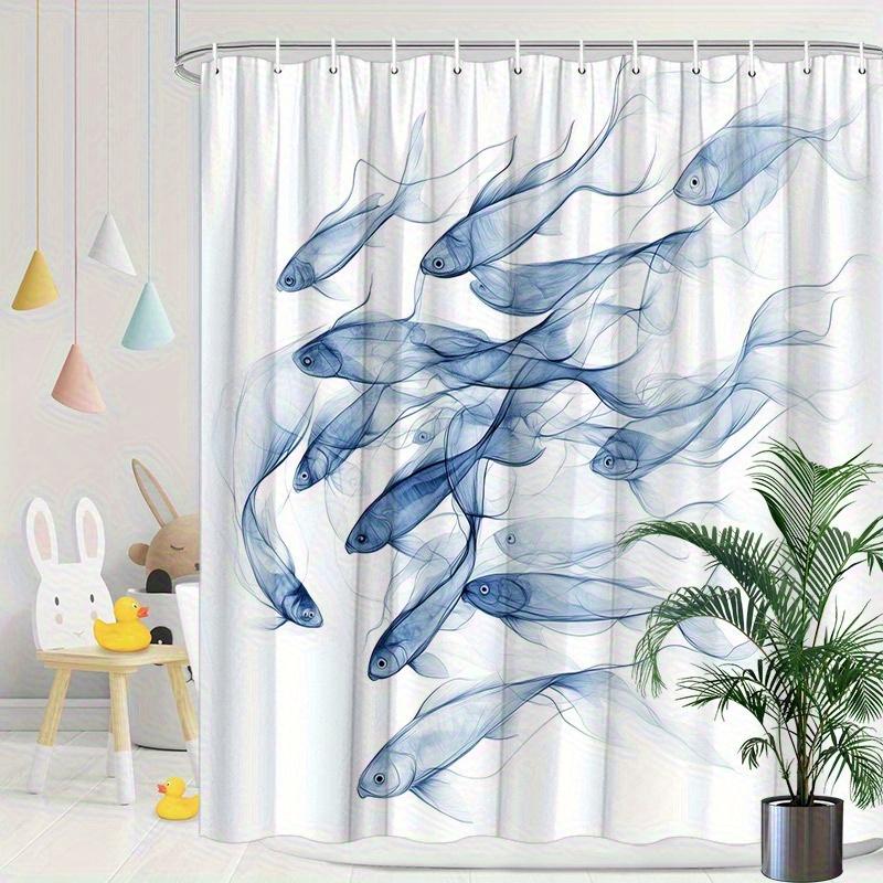 One PC Dreamy Blue Fish Shower Curtain Semi-Transparent Fluid Motion Design Spring/Summer Bathroom Curtain Digital Print