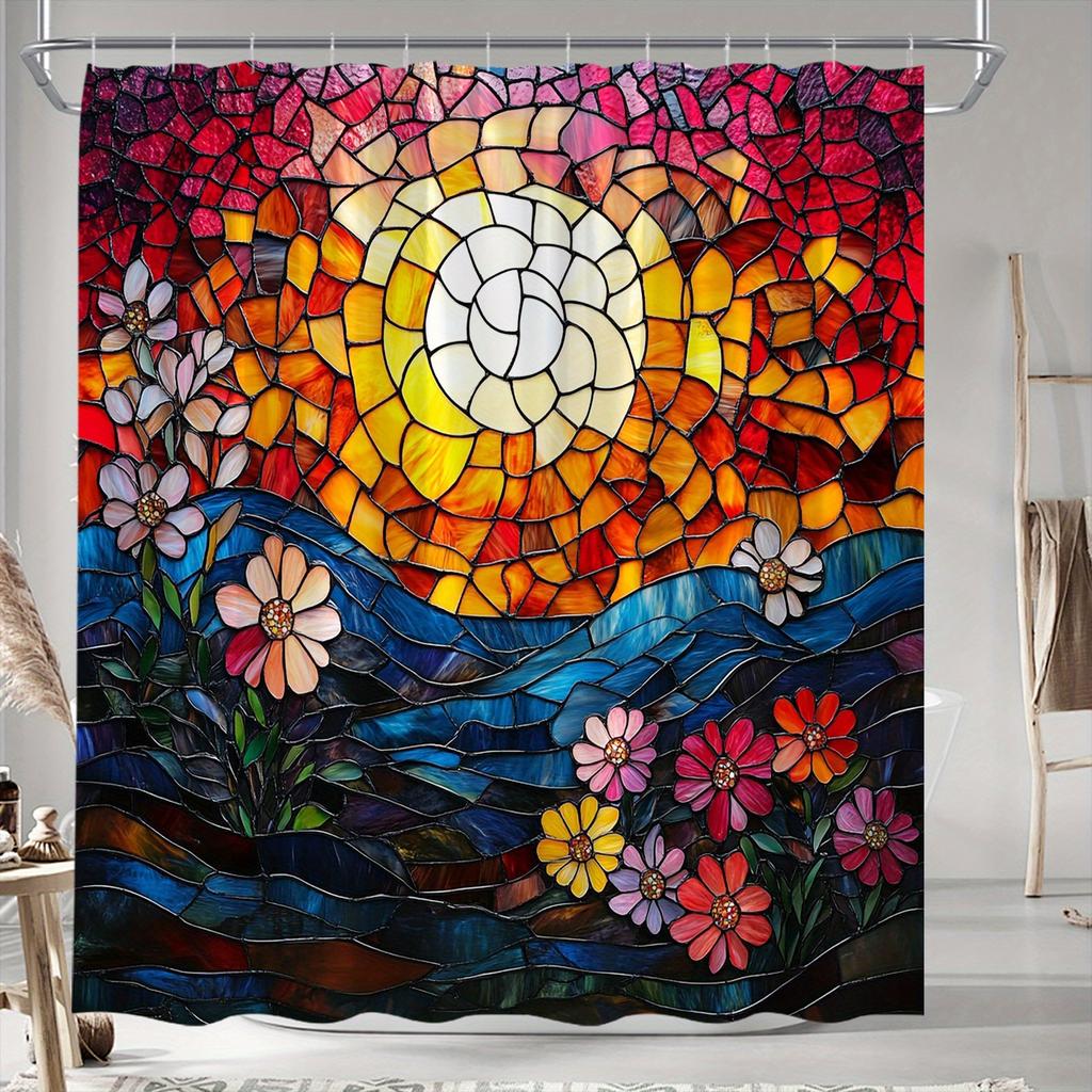 Stained Glass Sunset & Flower Field Shower Curtain - Polyester, Fashion Theme, 12 Hooks, Multicolored Sun & Blue River Design