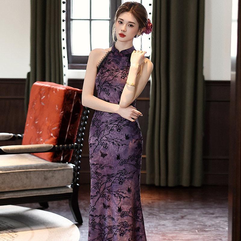 Purple fishtail neck national style new Chinese long cheongsam improved young 1011 new women's high-end dress