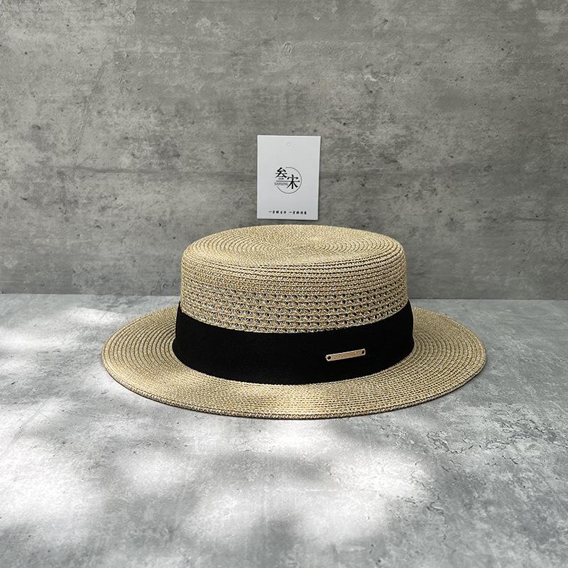 25 Straw Hollow Flat Top Straw Hat Men'S And Women'S Summer Seaside Vacation Beach Sun Hat Elegant Temperament Top Hat