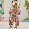 Women Plus Size Round Neck Long Sleeve Cartoon Ghost Printed Layered Top Wide Leg Cropped Pants Two Piece Set