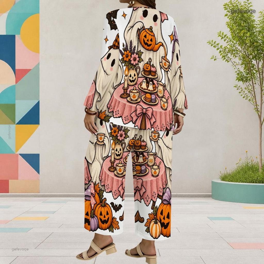 Women Plus Size Round Neck Long Sleeve Cartoon Ghost Printed Layered Top Wide Leg Cropped Pants Two Piece Set