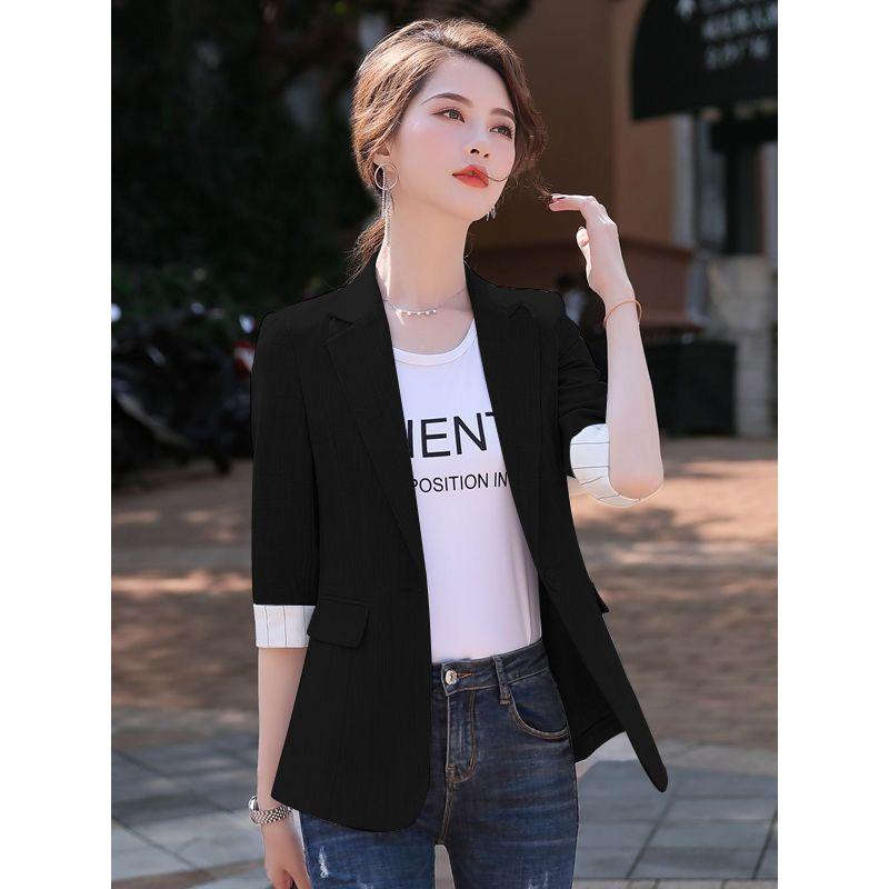 K-style Spring/Summer New Arrival Fashion Commuter Ol Thin Suit Collar One Button Five-Quarter Sleeve Small Business Suit Coat Easiest for Match Women