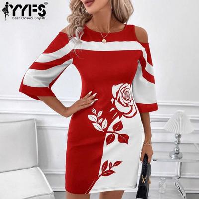 Women's Fashion Summer Spring Flower Pattern Print 1/2 Sleeves O-Neck High Waist Casual Dresses
