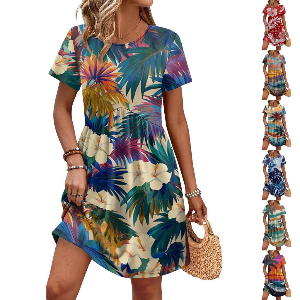 Women's Short Sleeve Casual Dress Hawaiian Print Round Neck Waist Tie with Pockets Lightweight Summer Beach Dress