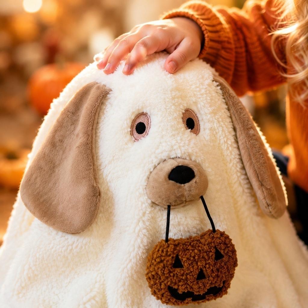 Plush Ghost Dog Toy Soft Stuffed Animal Halloween Decoration with Pumpkin Accessory for Kids and Collectors