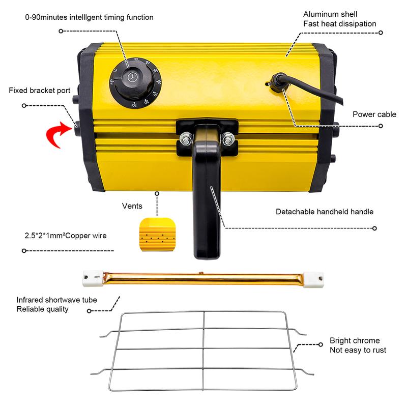 DATOUBOSS Portable Infrared Paint Curing Lamp 1000w Handheld Shortwave Infrared Heating Light Car Body Repair Tool
