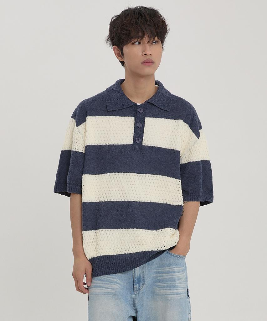WAIKEI Scalloped Stripe Collared Short Sleeve Knit Navy