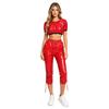 Completo Crop Top Lucido Impermeabile e Pantaloni Capri da Donna Manica Corta Vita Elastica Coulisse sui Lati delle Gambe per Allenamento Festa