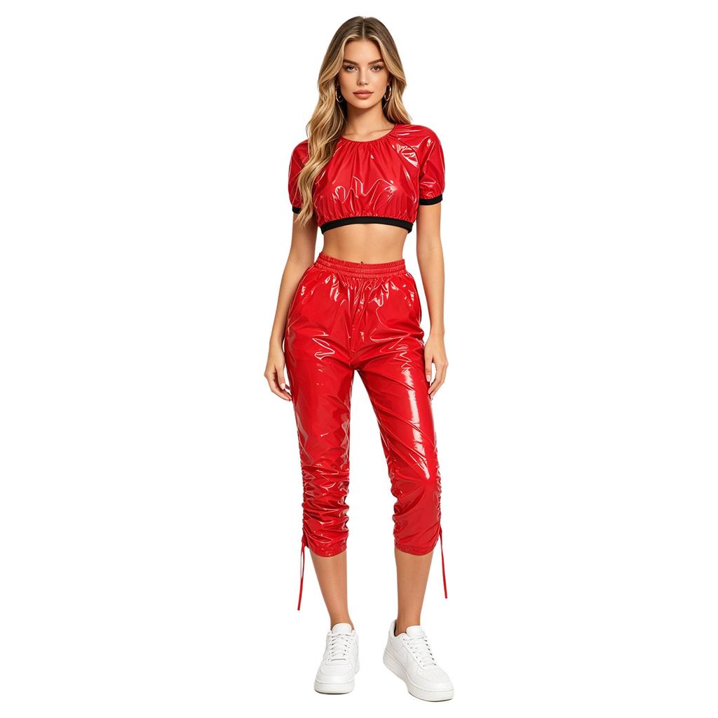 Completo Crop Top Lucido Impermeabile e Pantaloni Capri da Donna Manica Corta Vita Elastica Coulisse sui Lati delle Gambe per Allenamento Festa