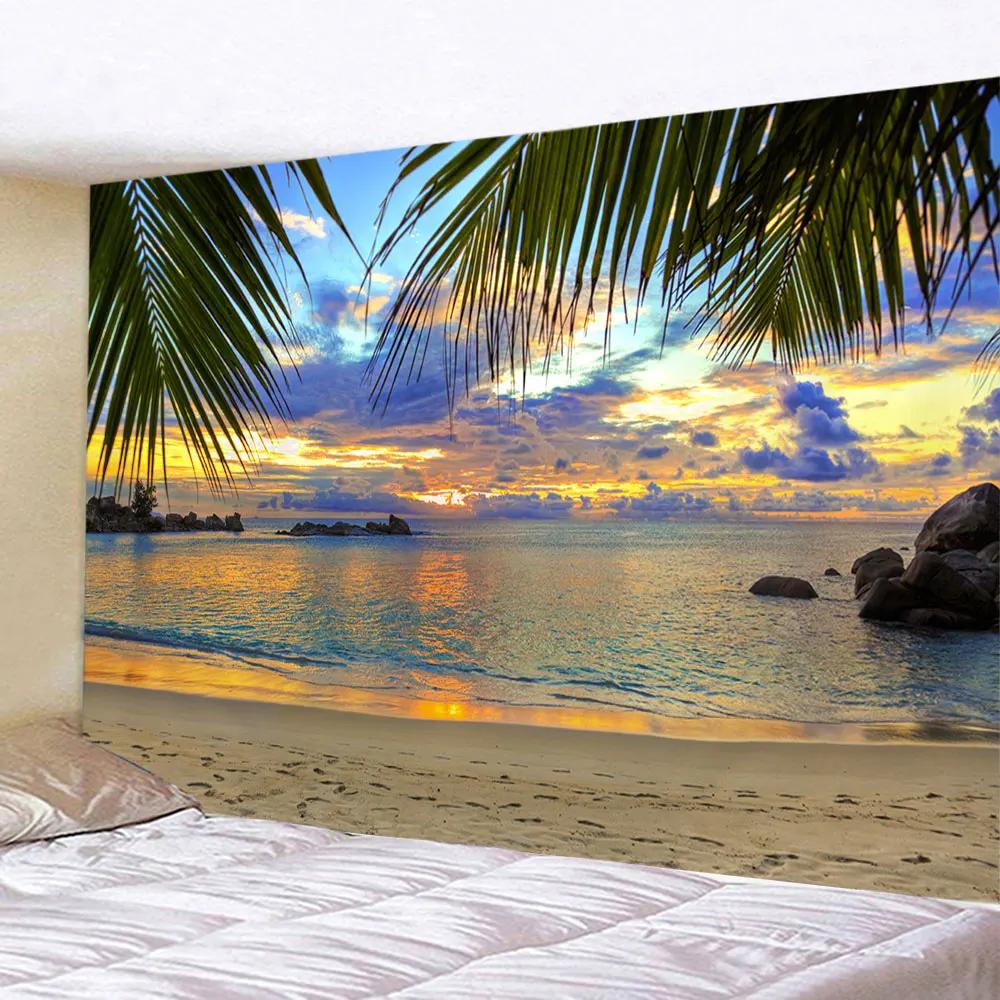 Seaside Coconut Tree Landscape Tapestry Nature Sea Art Ocean Beach 3D Print Wall Hanging Home Living Room Background Cloth Decor