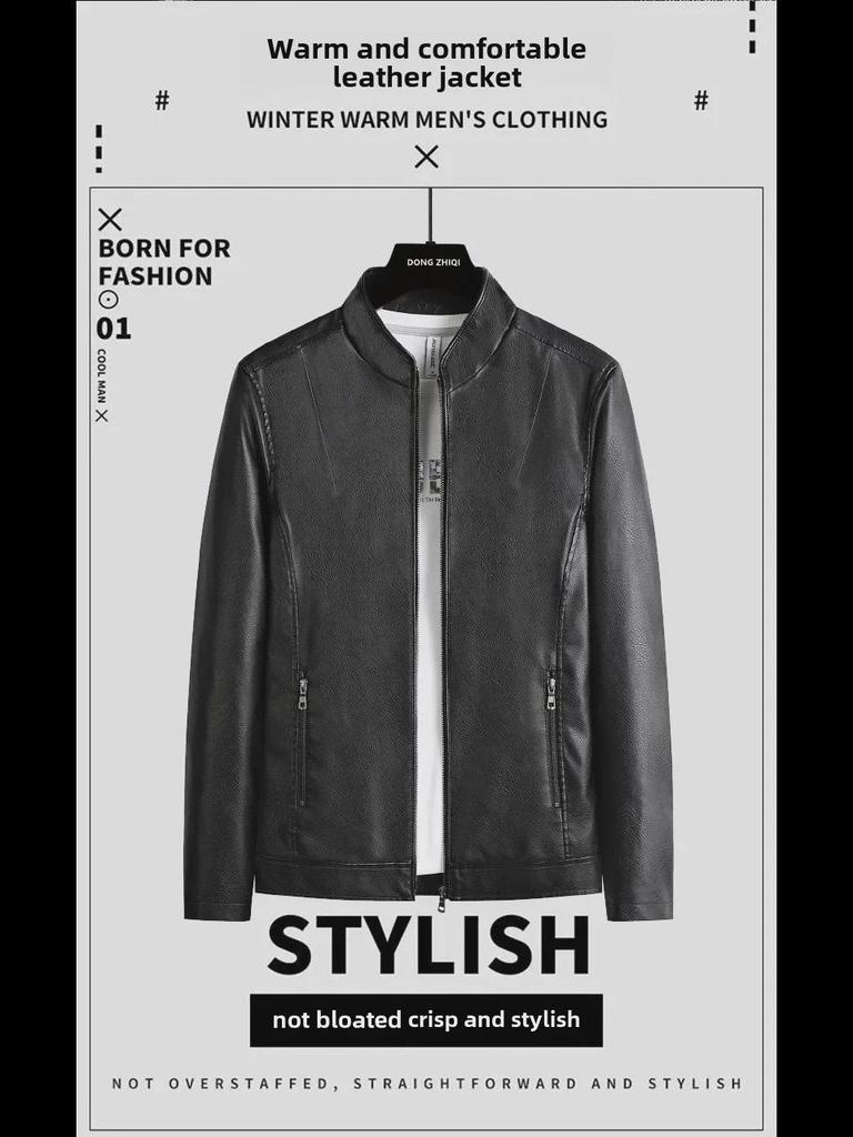 Męska modna kurtka skórzana ze stójką na wiosnę i jesień 2023 z aksamitem dla młodzieży