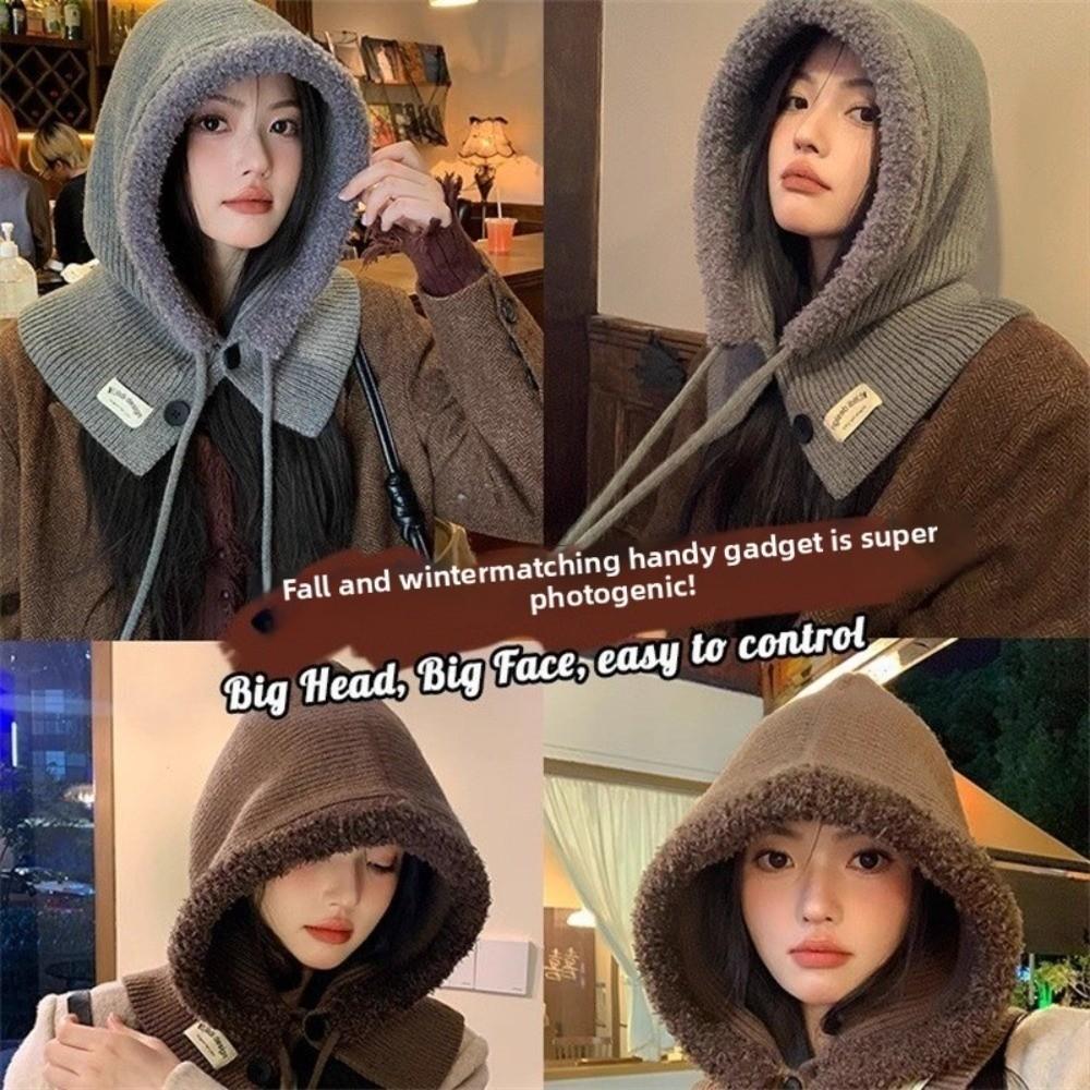 New Balaclava Hat Neck Protection Windproof Knitted Hat Button Design Warm Lace-up Hat Autumn Winter