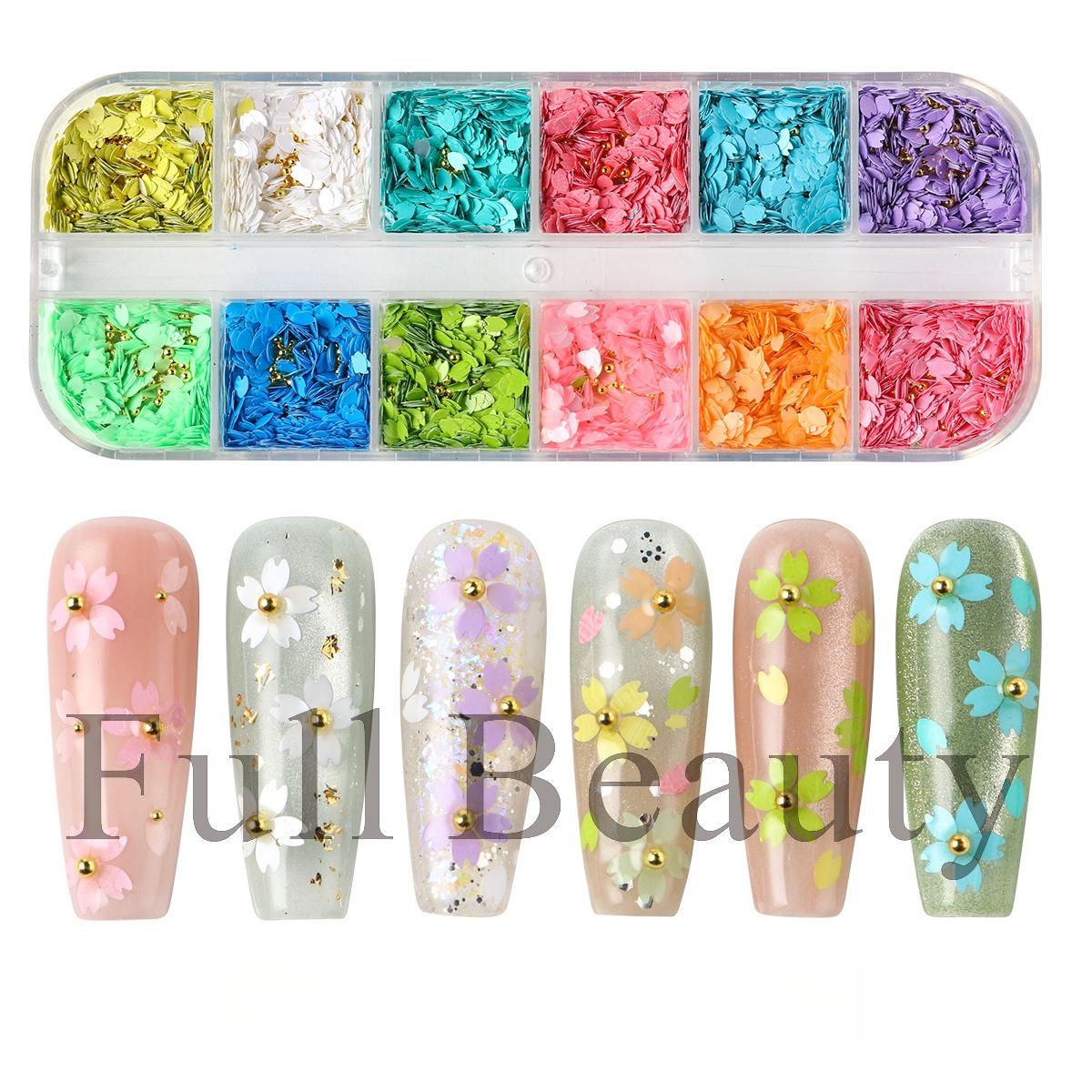 New manicure 12 grid jewelry ins spring and summer colored cherry blossom petal steel ball jewelry