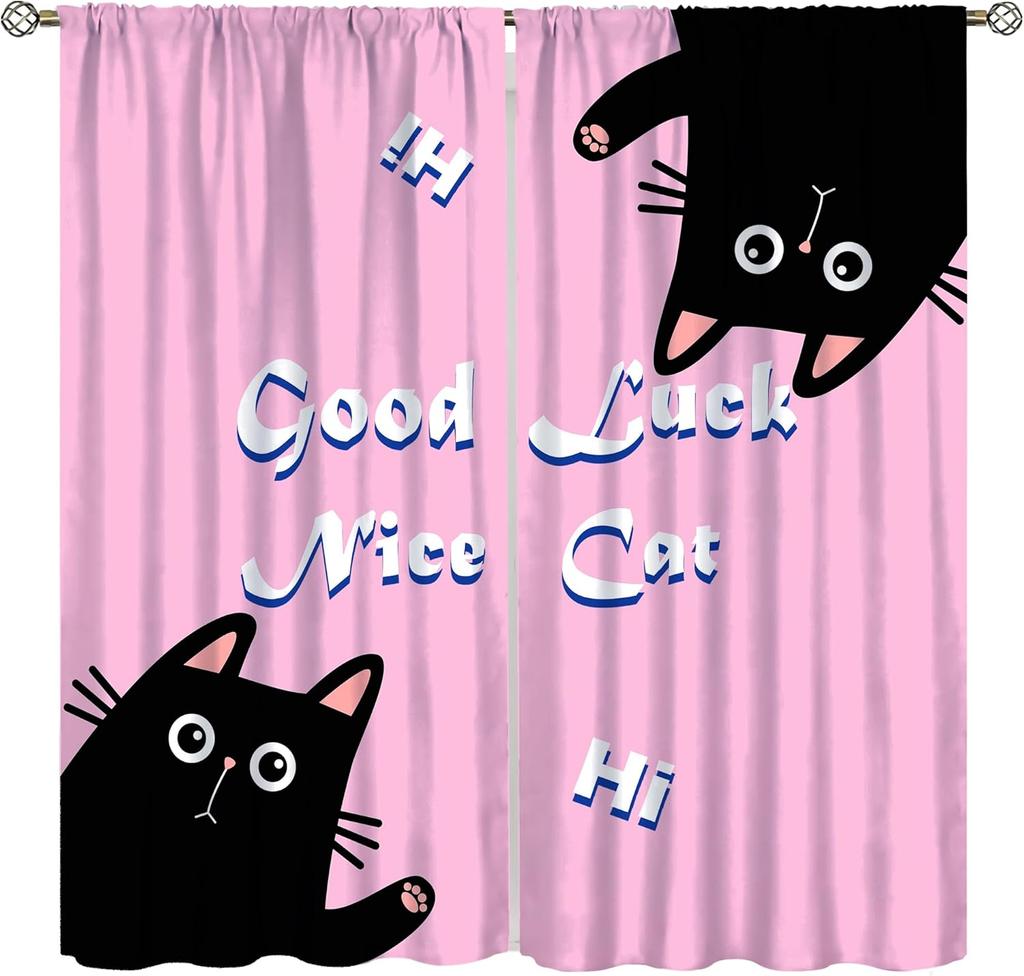 Cute Cat Curtains,Funny Kawaii Floral Kitten Watercolor Colorful Aesthetic Art Pet Love Animal Window Treatments For Kids Girls