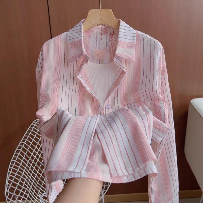 Women's Casual Striped Blouse Pink White Lapel Single Pocket Daily Fashion Shirts